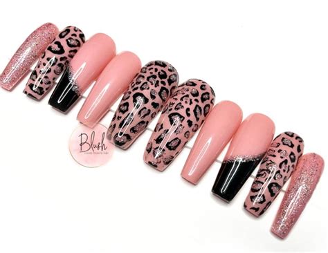 Luxury PLUSH Nude Pink Black Leopard Print Glam Press On Nails Etsy