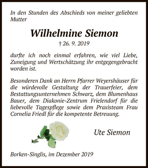 Traueranzeigen Von Wilhelmine Siemon Trauer HNA De