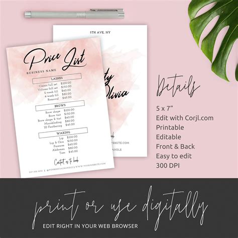 Pink Watercolor Editable Price List Instant Printable Menu Etsy Uk