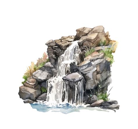 Watercolor Illustration Of Beautiful Waterfall And Mountains On White