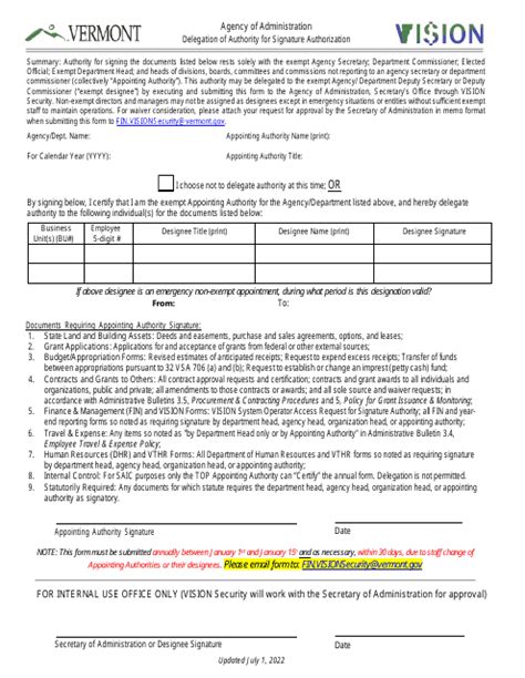 Vermont Delegation Of Authority For Signature Authorization Fill Out