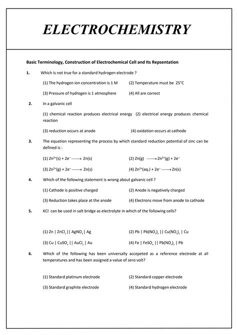 Solution Electrochemistry Practice Sheet Studypool