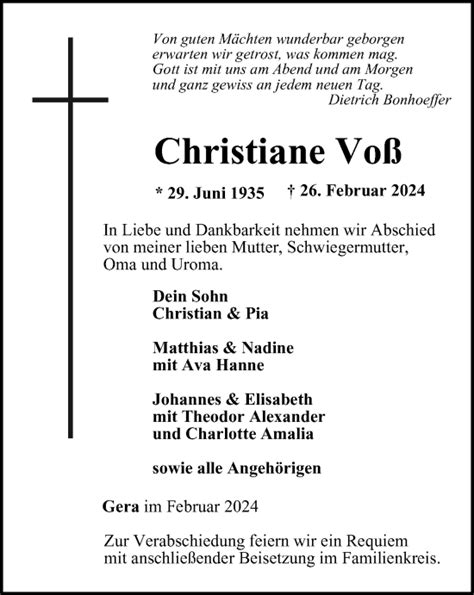 Traueranzeigen Von Christiane Vo Trauer In Thueringen De