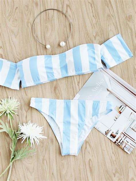 Shop Block Striped Off The Shoulder Bikini Set Online Shein Offers