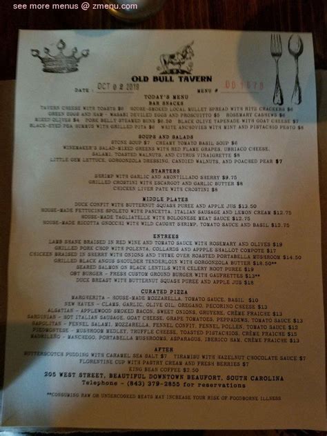 Online Menu of Old Bull Tavern Restaurant, Beaufort, South Carolina ...