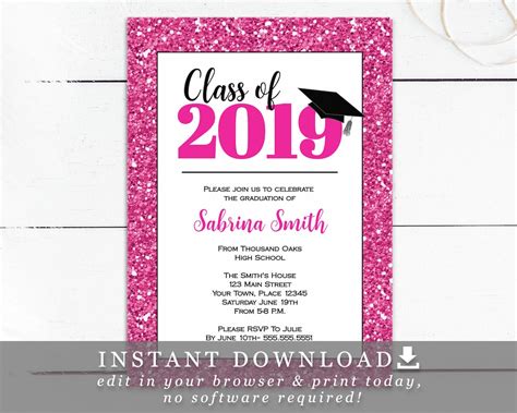 Hot Pink Glitter Graduation Invitation Template Grad Party 5x7 Invite Diy Printable With