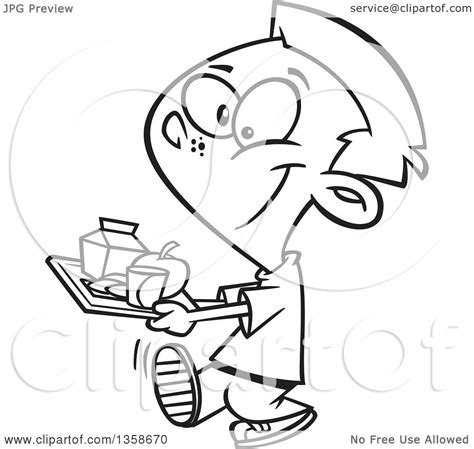 Lineart Clipart of a Cartoon Black and White Happy School Boy Carrying ...