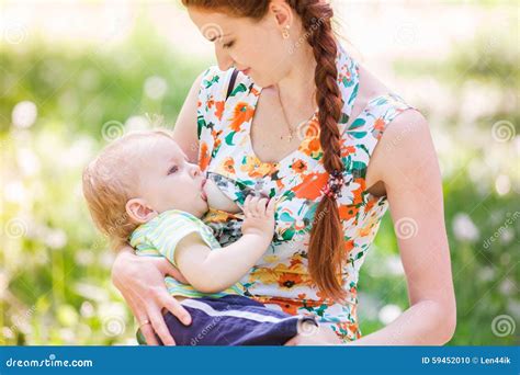 Beautiful Happy Mother Breastfeeding Outdoor Stock Photo Image Of