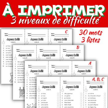 French Christmas Word Wall lists Cartes affichage vocabulaire Noël