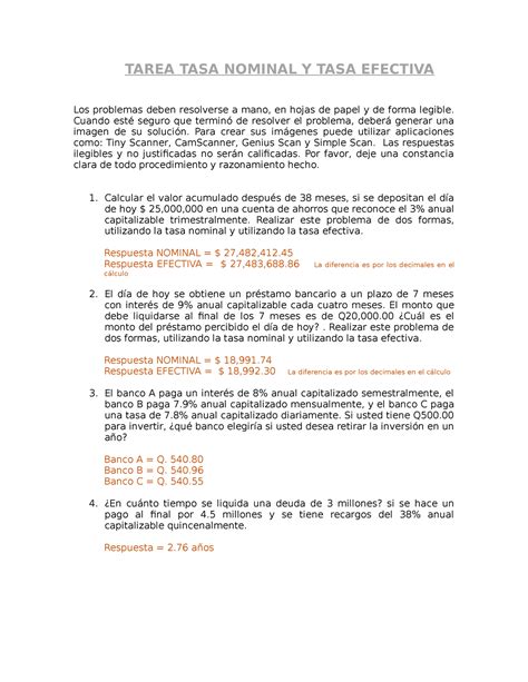 Tarea Tasa Nominal Y Tasa Efectiva Tarea Tasa Nominal Y Tasa Efectiva Los Problemas Deben