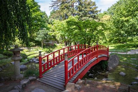 Ponte De Madeira Vermelha Tradicional Em Um Lago De Jardim Japon S