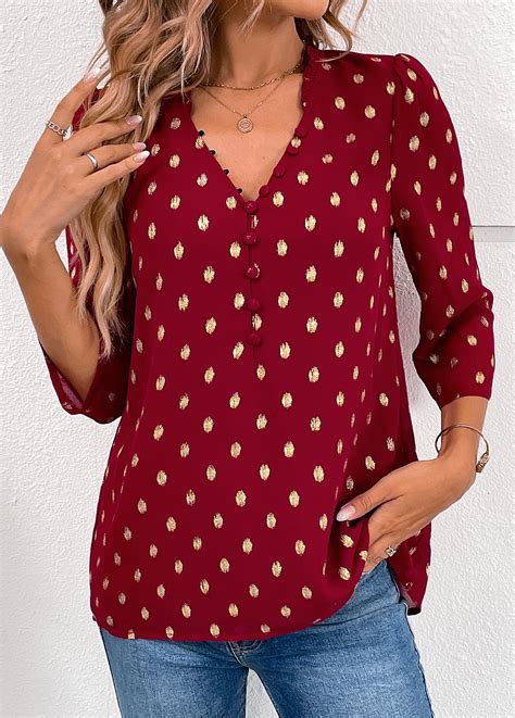 ROTITA Hot Stamping Wine Red V Neck Blouse Rotita USD 28 98