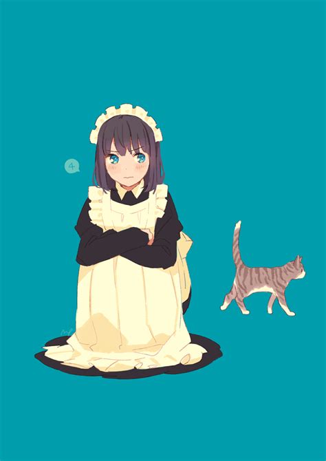 Safebooru 1girl 3 Animal Apron Arm Rest Bangs Black Dress Black Hair