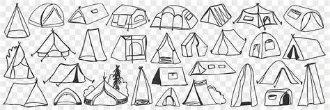 Various Camping Tents Doodle Set Summer Hand Drawn Various Vector