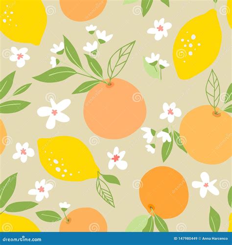 Seamless Pattern With Lemons And Oranges Tropic Fruits Leaves