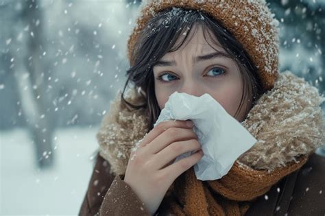 Young Woman In Warm Knitted Clothing Sneezing And Blowing Her Nose In