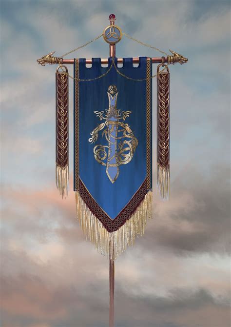 A Large Blue And Gold Flag Hanging From The Side Of A Pole