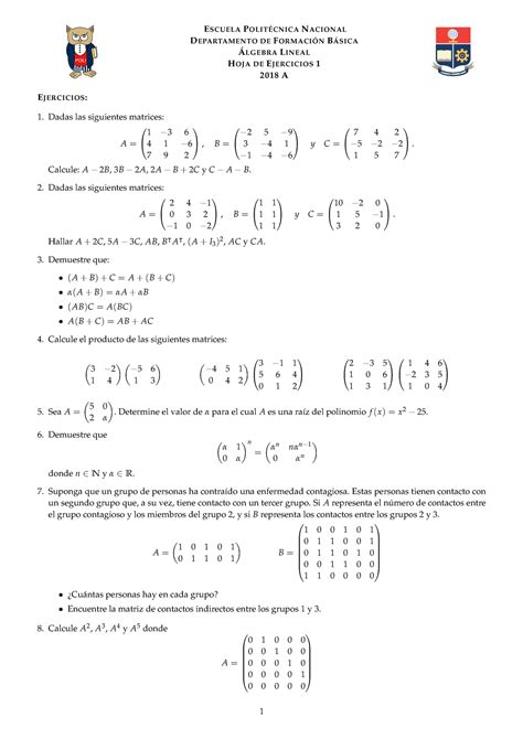 Hoja Algebra Lineal Escuela Polit Cnica Nacional Departamento De