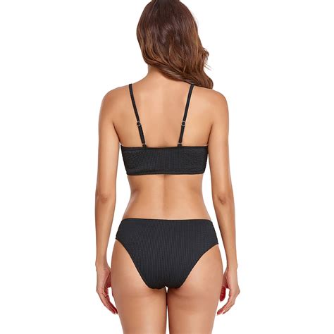 S Black Women S Two Piece Swimsuit Set Low Neck Push Up Bikini Top