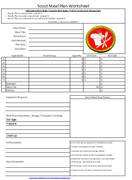 Cooking Merit Badge Activity Planner ScoutWiki Worksheets Library