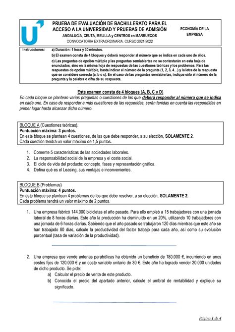 Examen Econom Ãa de la Empresa de Andaluc Ãa Extraordinaria de 2022