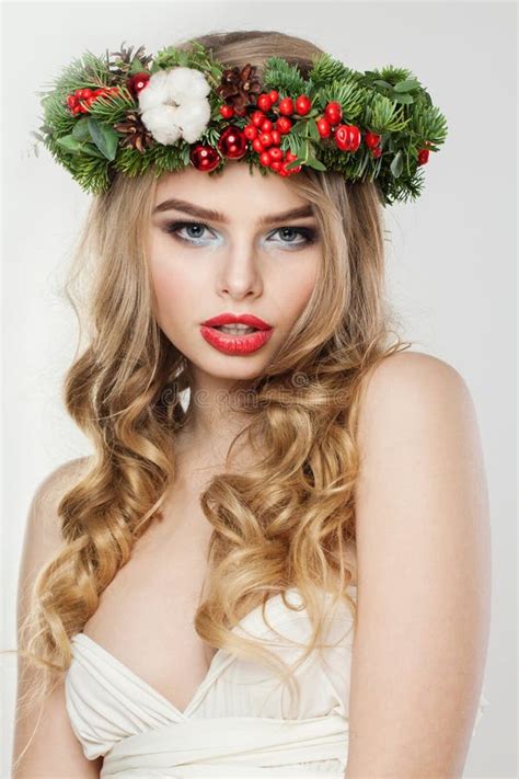 Winter Beauty Attractive Woman With Long Blonde Hair And Makeup Portrait Stock Image Image Of