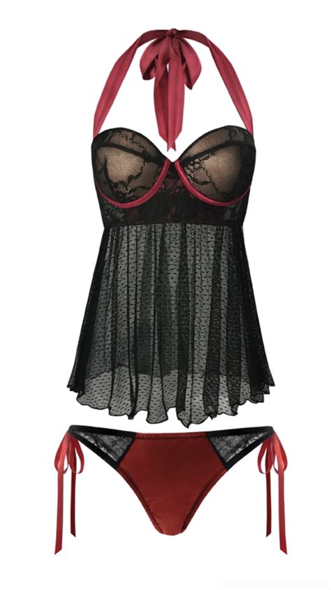 Fantasy Lingerie Hayworth Babydoll With Satin Halter Neck And Matching Panty Merlot Black X