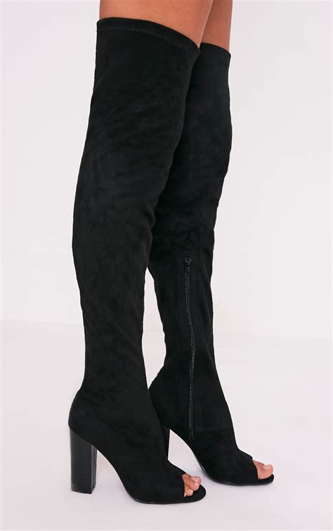 Beccy Black Faux Suede Over The Knee Peep Toe Boots Boots