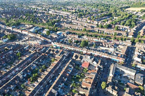 High Angle Drone's View of Luton City Center and Railway Station, Luton