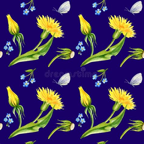 Seamless Pattern Hand Draw Watercolour Flowers Dandelions Herbs