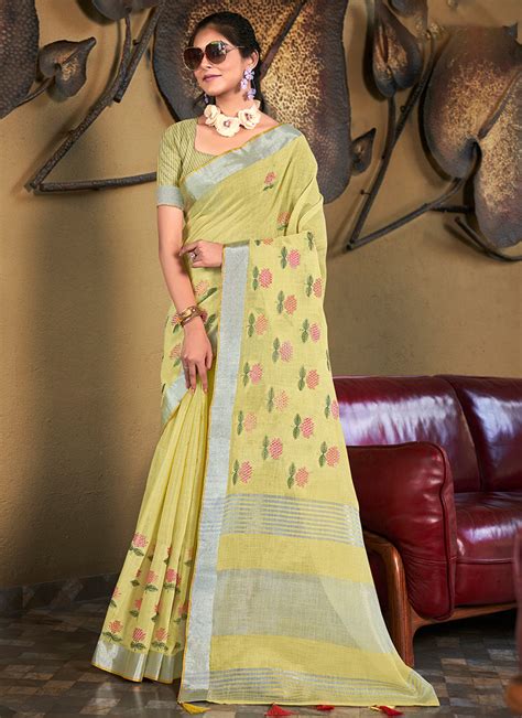 Buy Yellow Linen Festival Wear Weaving Saree Online From Wholesale Salwar