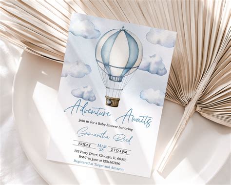 Editable Adventure Awaits Baby Shower Invitation Blue Hot Air Etsy