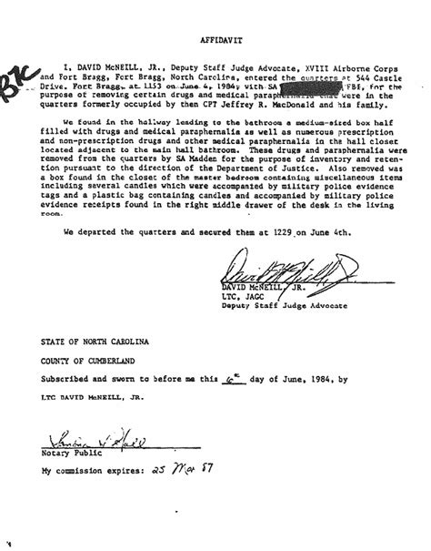 Ltc David Mcneill Affidavit Re 544 Castle Dr Inventory And Cid Jeffrey Macdonald Case