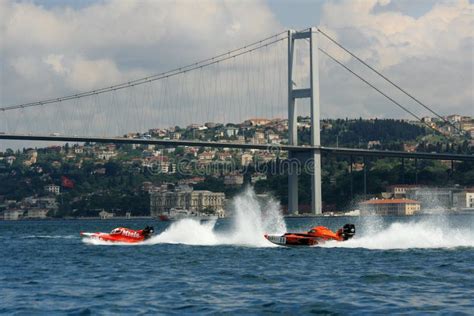 Offshore Boats Racing Under The Bosphorus Bridge In Istanbul Turkey