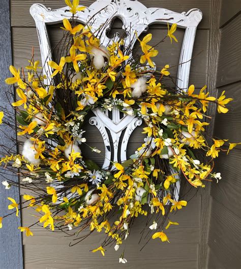 Forsythia Cotton Wreath Large Yellow Forsythia Wreath Spring Etsy