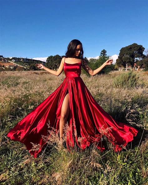 Red Spaghetti Straps A Line Satin Evening Prom Dresses Long Sf On