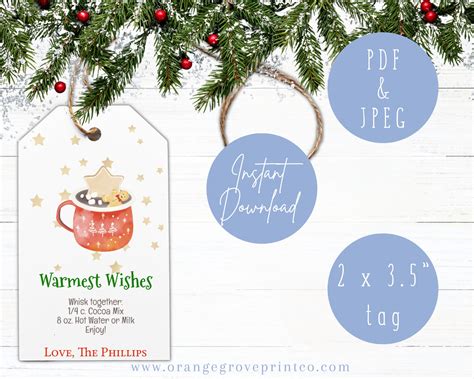 Printable Christmas Hot Cocoa Tag Warmest Wishes Watercolor Christmas Hot Chocolate Editable