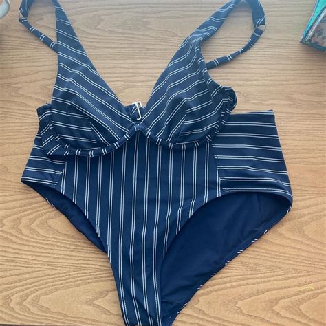 Athleta High Waisted Bikini Set Navy And White Great Depop