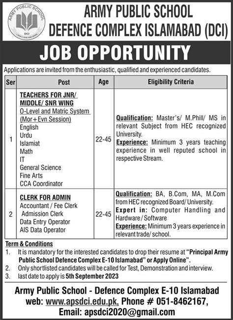 Army Public School Defence Complex Islamabad Jobs 2023 2024 Job