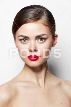 Photograph Beautiful Woman Nude Shoulders Red Lips Attractive Look