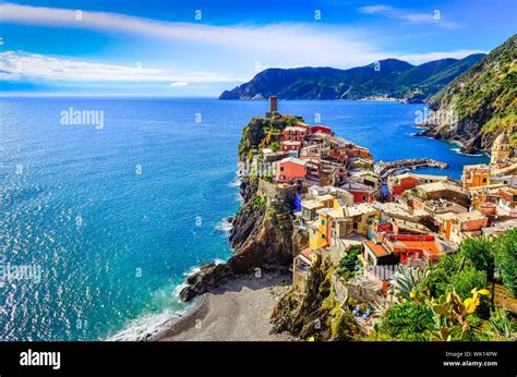 Scenic View Of Colorful Village Vernazza And Ocean Coast In Cinque