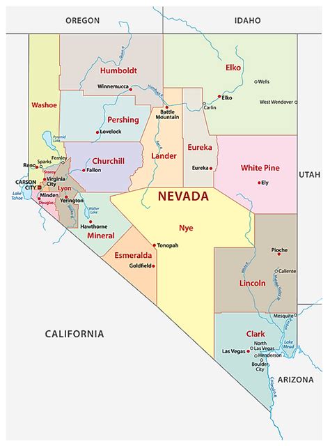 Counties Map of Nevada - Physical Map with Major Cities and Towns