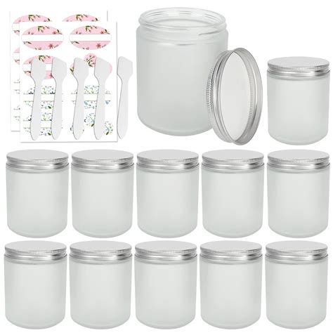 12 Pack 8 Oz Round Frosted Glass Jars With Silver Metal Lids 240ml Matte Clear Empty Candle