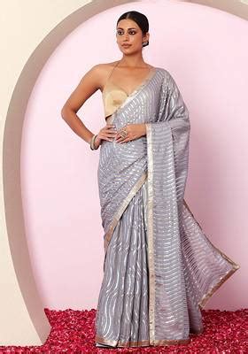 Buy Women Blue Tonal Sequin Thread Embroidered Saree With Blouse