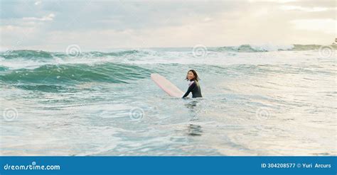 Surfing, Beach and Woman with Waves on Surfboard for Water Sports ...