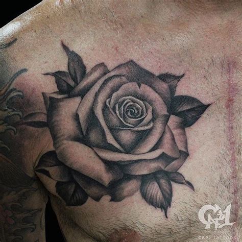 Black and grey rose chest piece. www.Cap1Tattoos.com #RoseTattoo #Rose ...