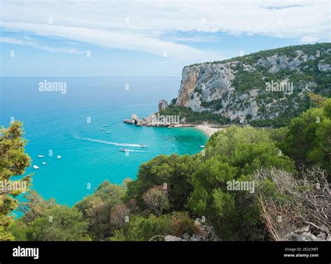 Aerial View Of Cala Luna Beach Near Cala Gonone Gulf Of Orosei Sardinia Island Italy White