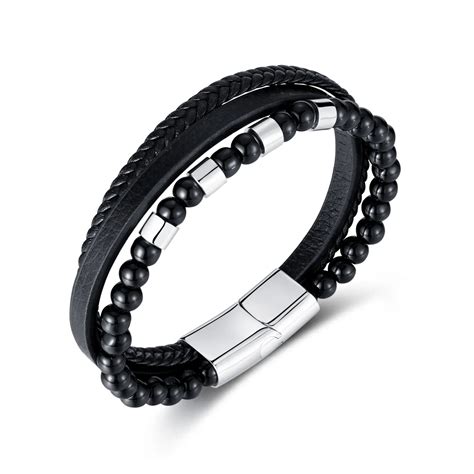 Multi Layer Leather Bracelet With Stainless Steel Magnetic Clasp And