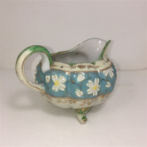 Blue And Gold Vintage Porcelain Creamer With Daisy Print Etsy