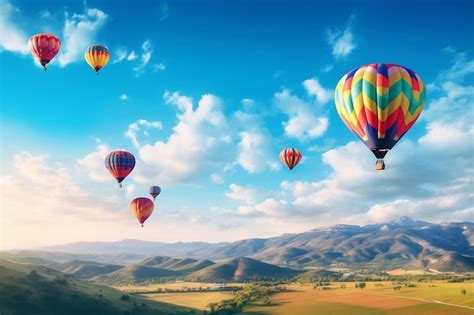 Premium Ai Image Colorful Hot Air Balloon Flying Over The Hill